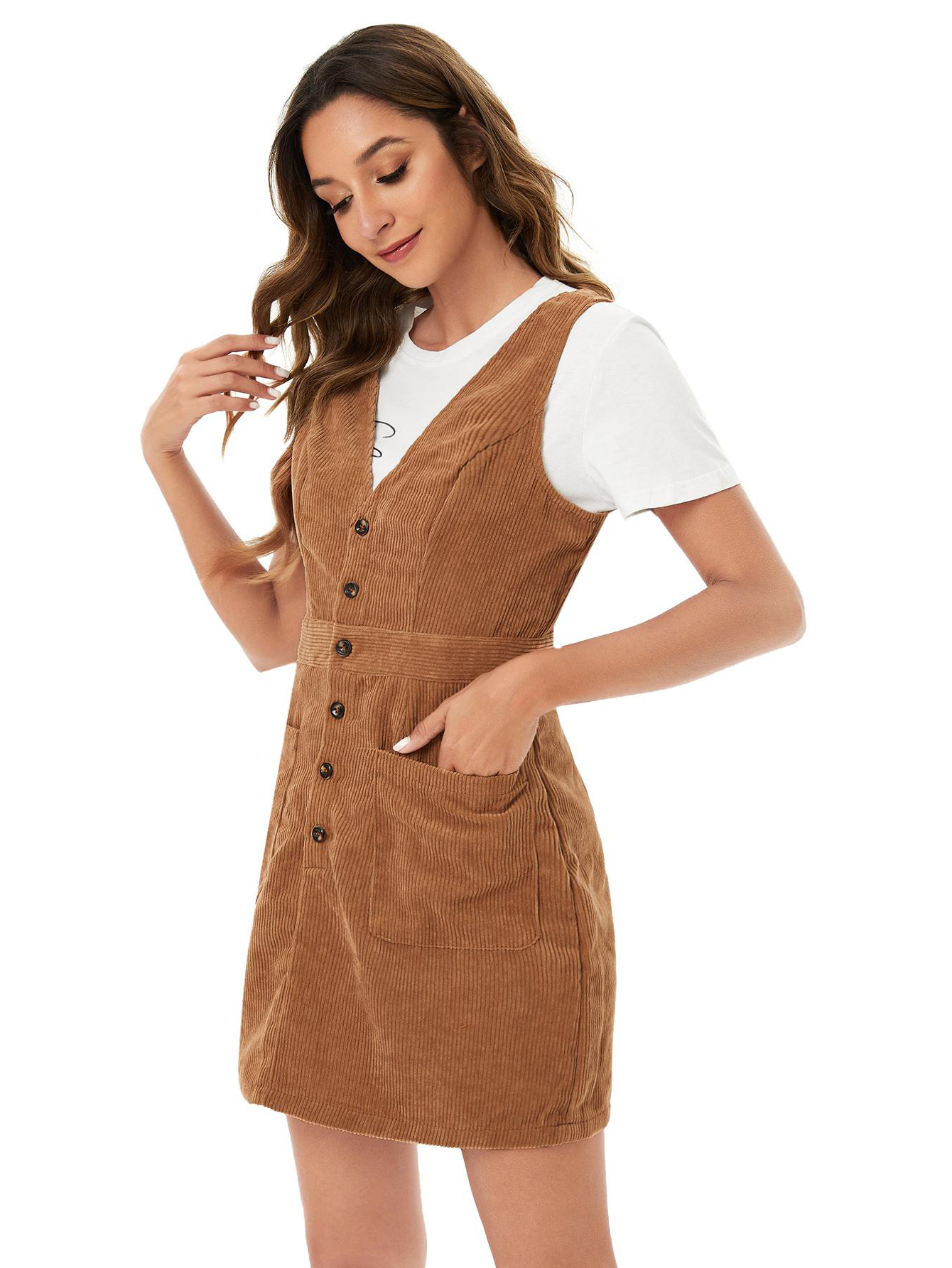 Women's V Neck Sleeveless Corduroy Button Pinafore Overall Mini Dress