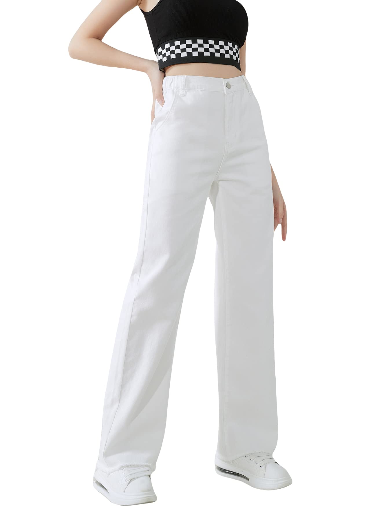 Girls Solid Straight Leg Jeans Zipper Up Casual Pocket Denim Pants
