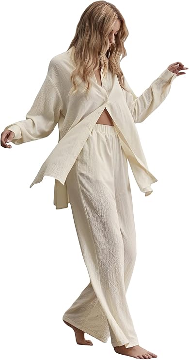 Women's 2 Piece Outfits Slit Hem Longline Blouse and Wide Leg Pants Set