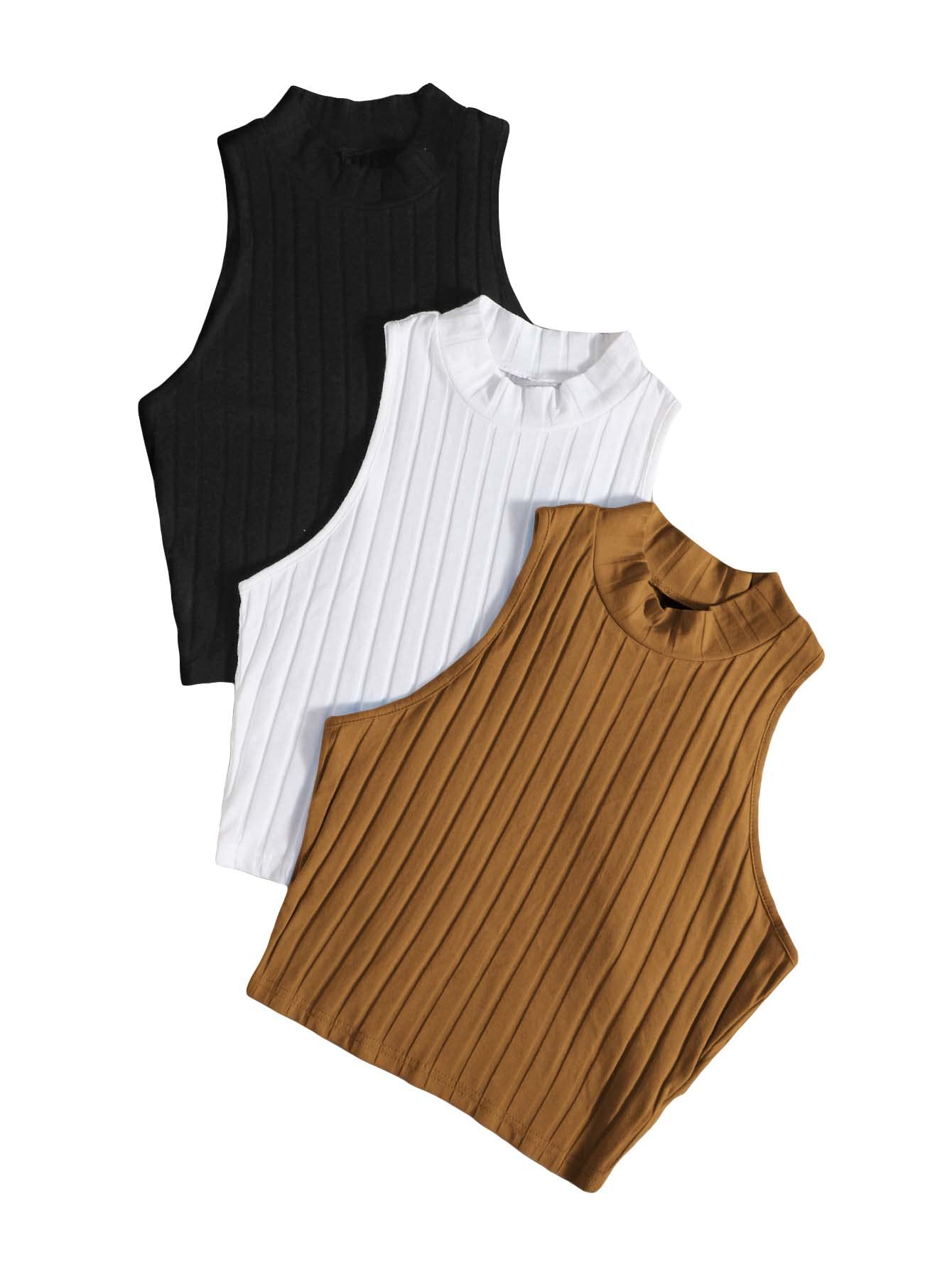 Women's Plus Size 3 Pcs Sleeveless Rib Knit Mock Neck Crop Tank Top