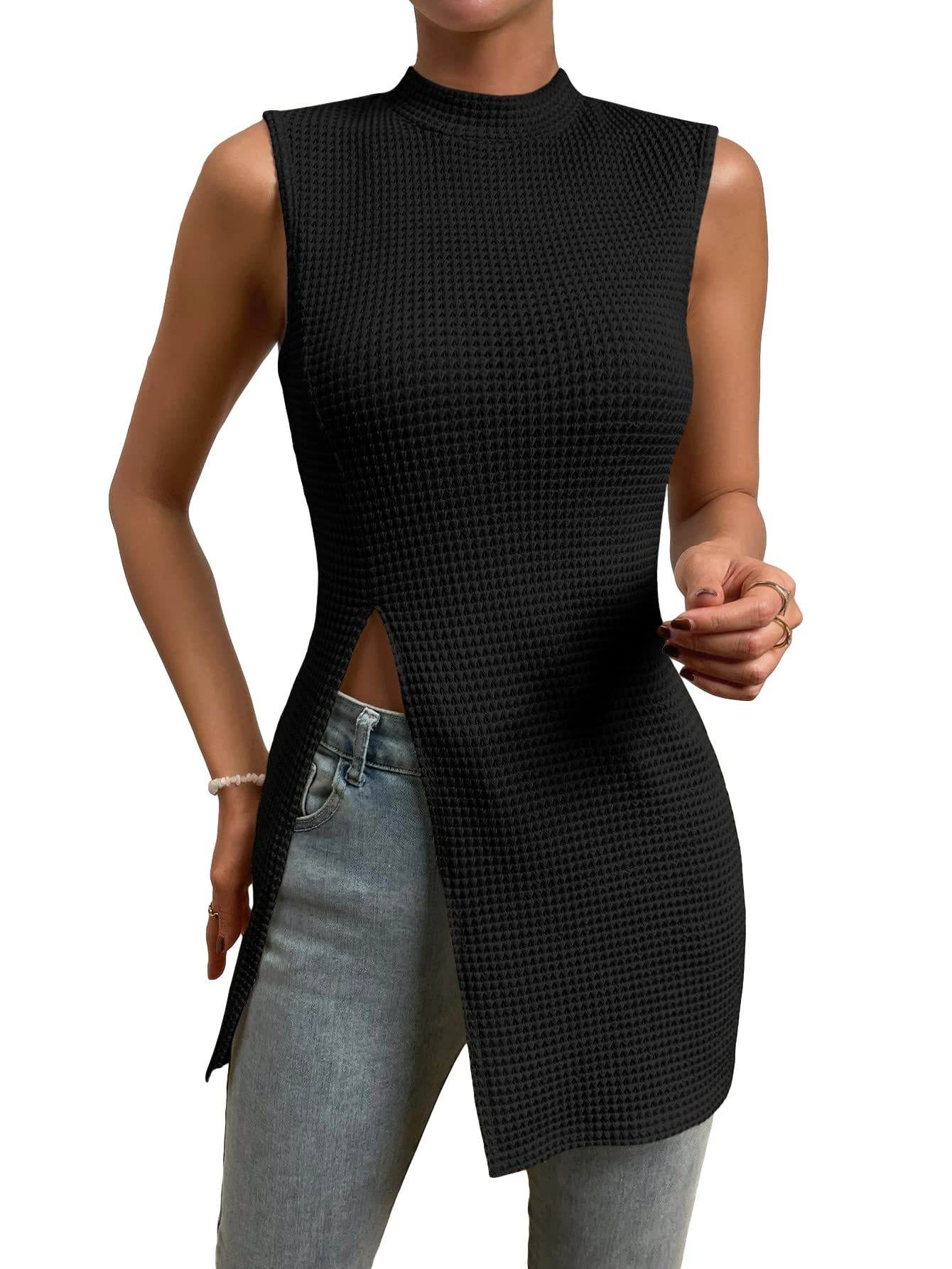 Women's Casual Sleeveless Mock Neck Split Hem Tank Top