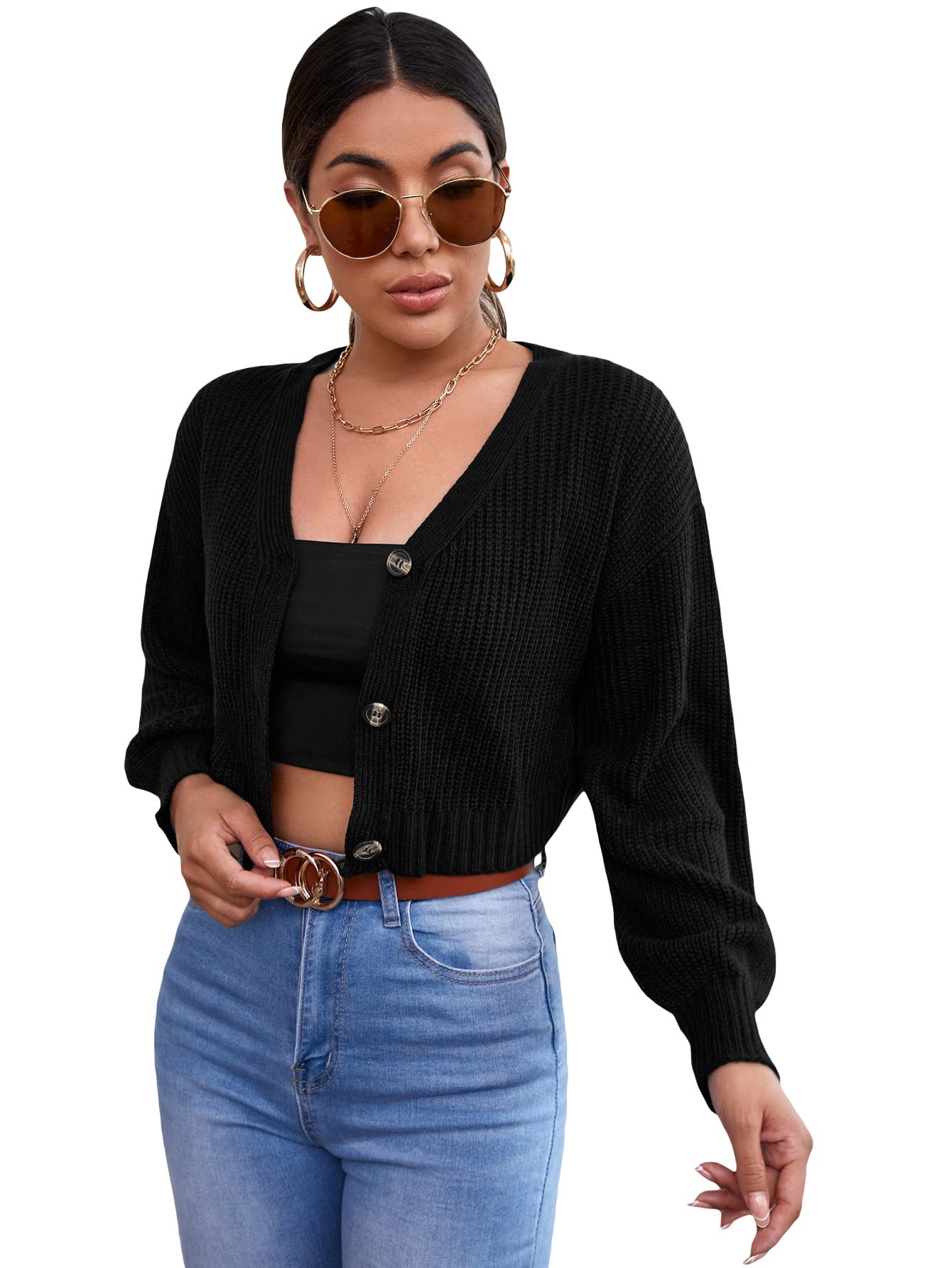 Women's Solid Long Sleeve Button Down V Neck Cardigan Crop Top Sweater