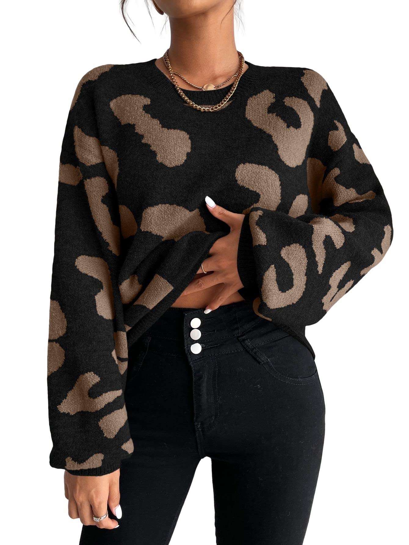 Women'S Printed Long Sleeve Crew Neck Knitted Regular Fit Sweater Top
