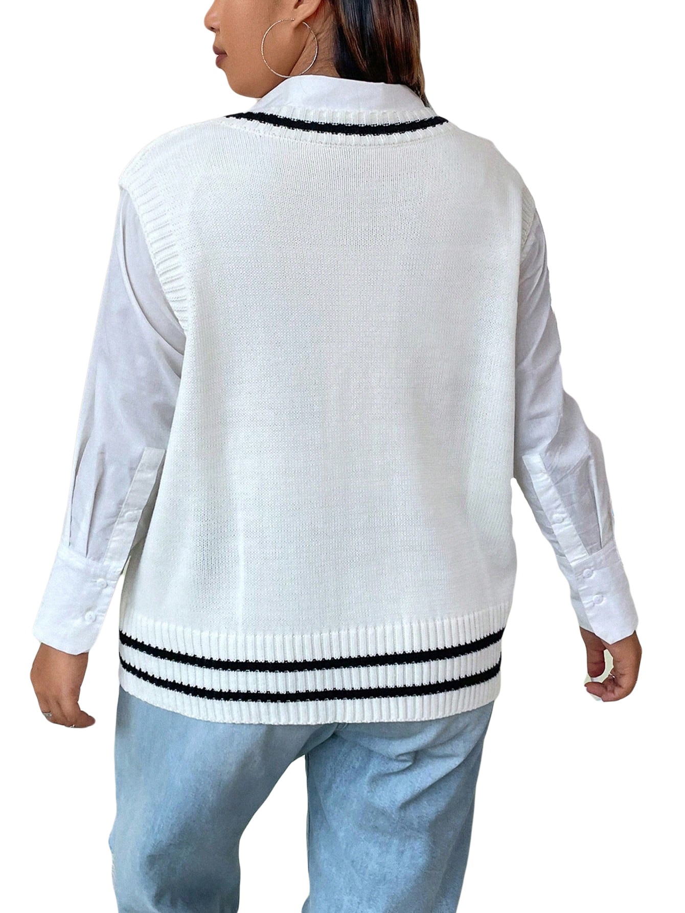Women's Plus Size Cable Knit Striped Trim Loose V Neck Sweater Vest