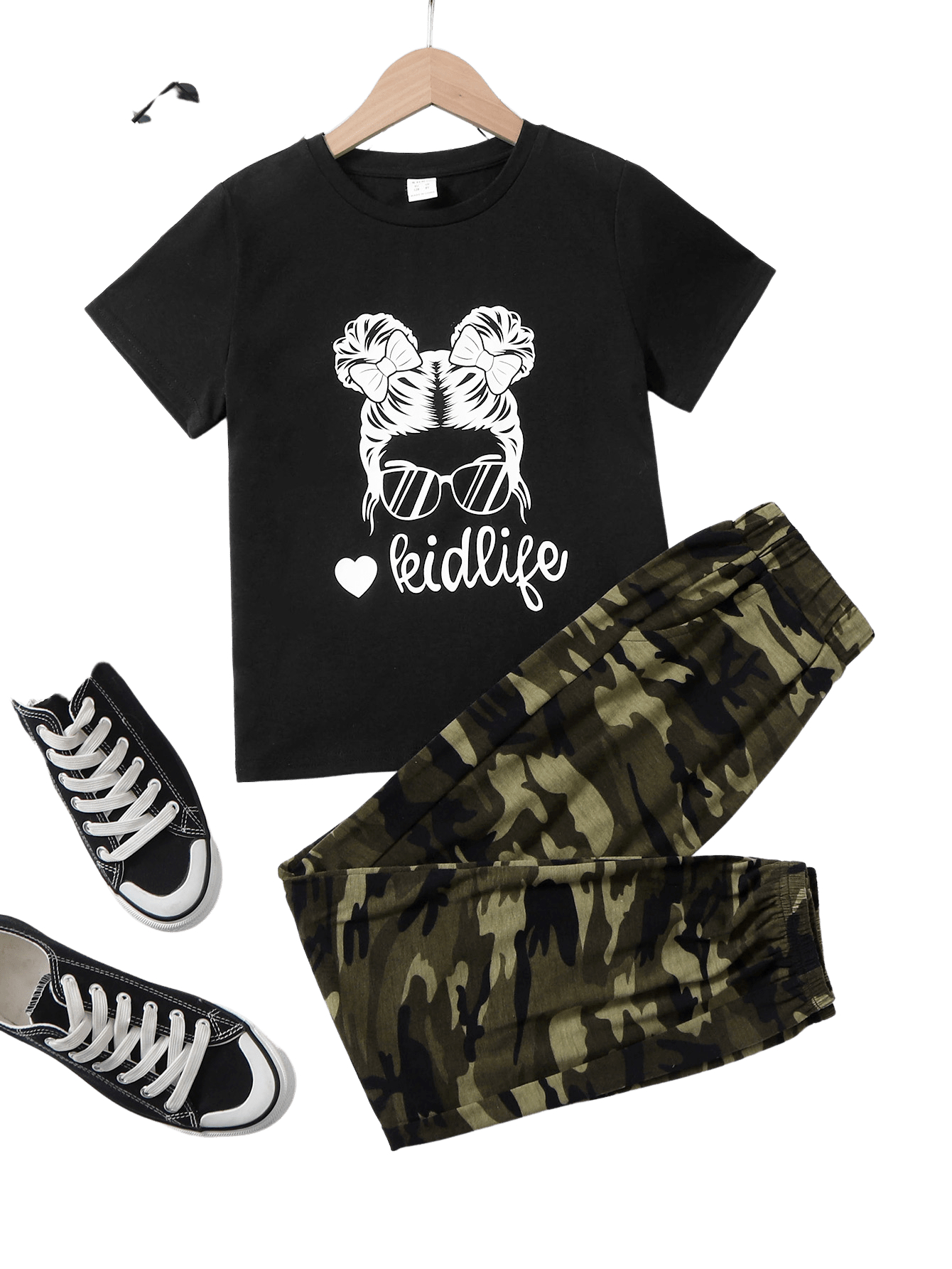 Girls 2 Piece Outfit Letter Print Short Sleeve Tee Shirt Camo Pants Set