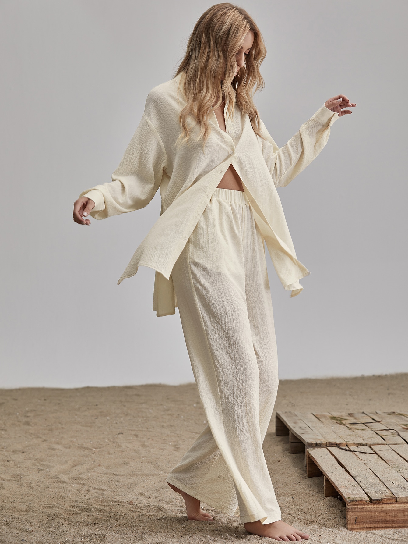 Women's 2 Piece Outfits Slit Hem Longline Blouse and Wide Leg Pants Set Plain Beige XS