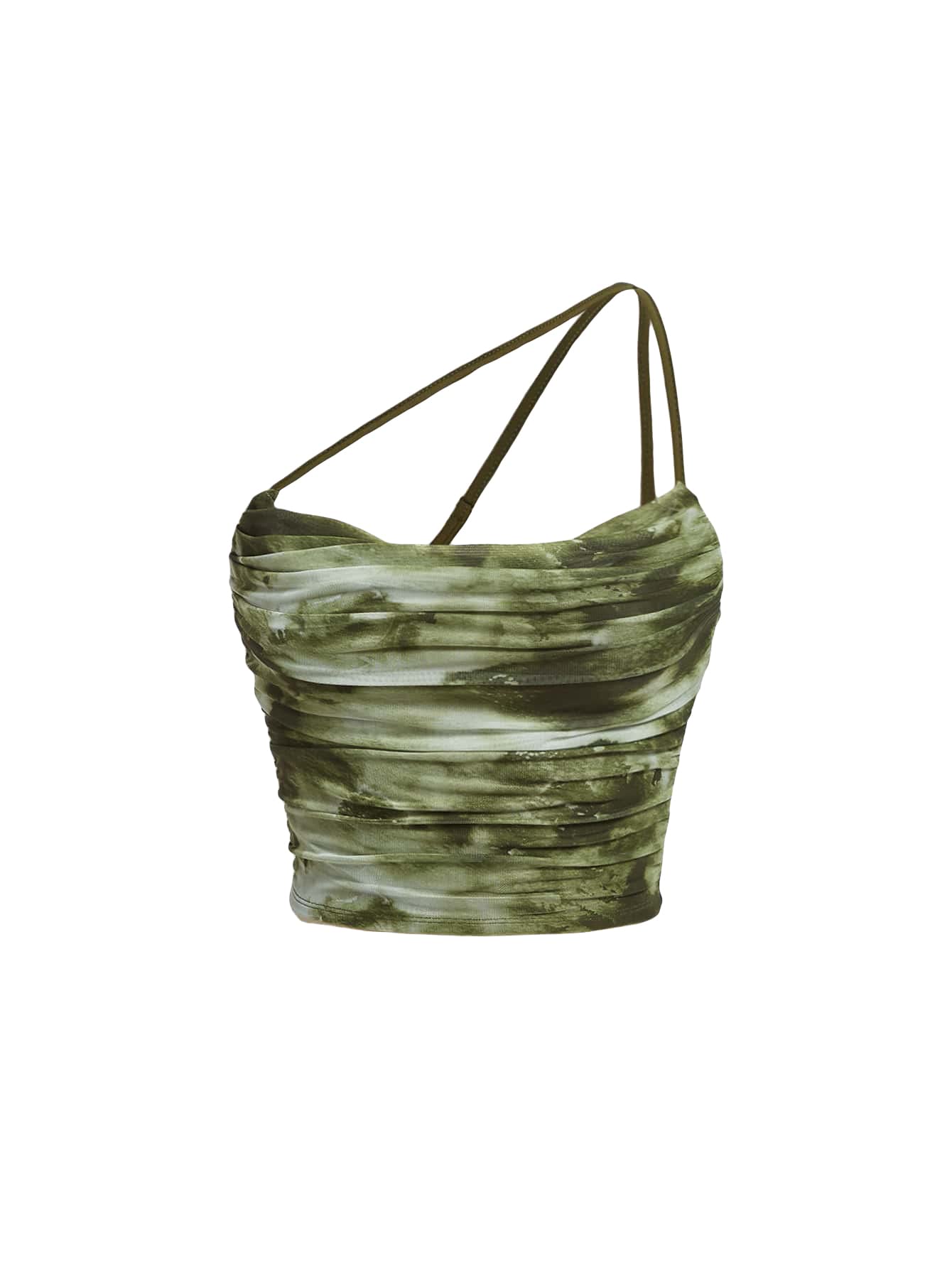 Women's Tie Dye Spaghetti Strap Cut Out One Shoulder Ruched Crop Cami Top